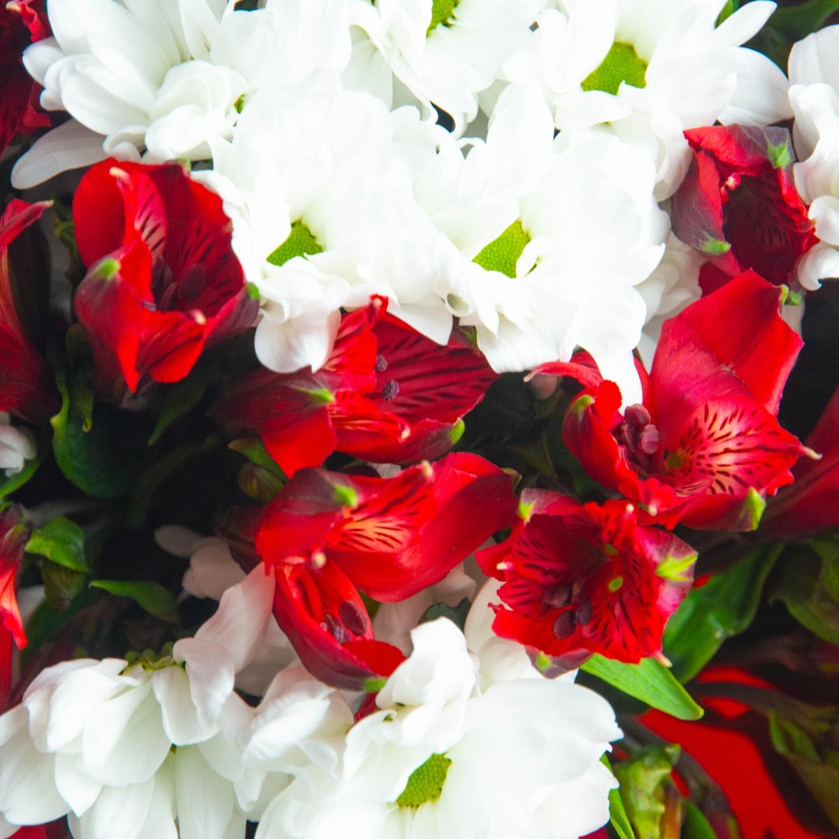 5 красных альстромерий с кустовыми хризантемами
