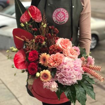 Коробка цветов с антуриумами и розовой гортензией