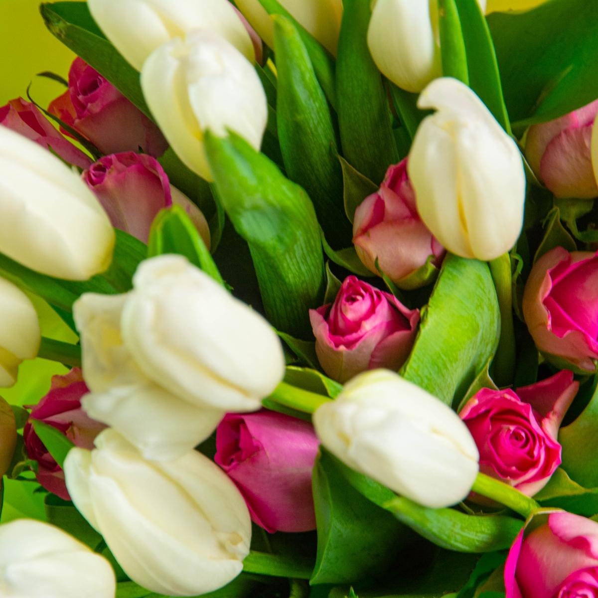 15 белых тюльпанов с розами