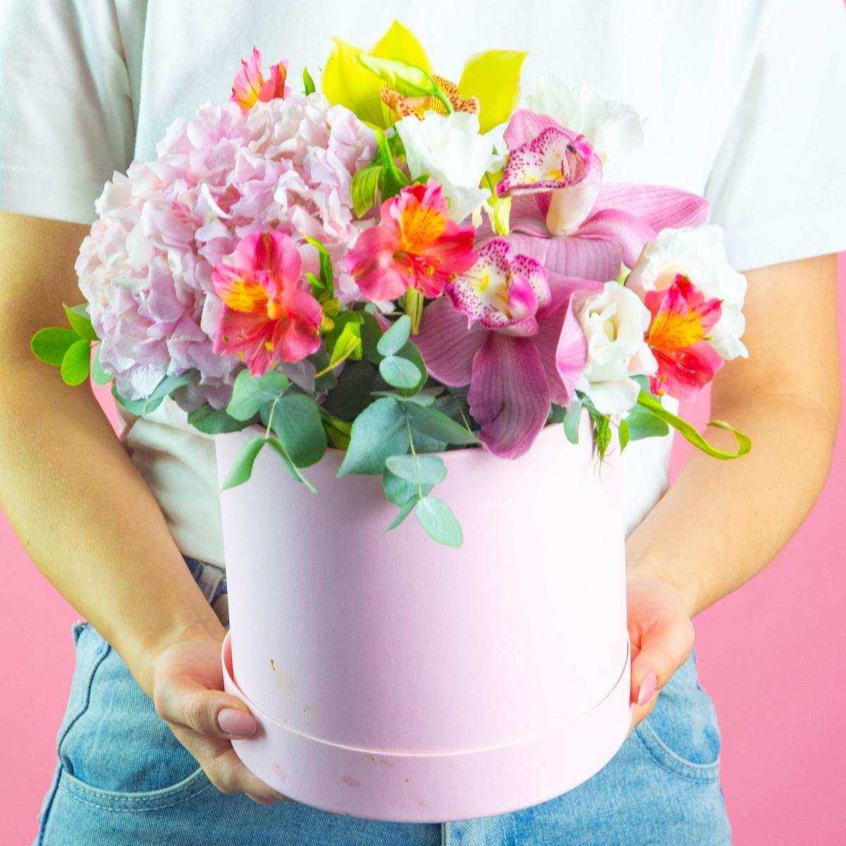 Коробка цветов с гортензией для мамы