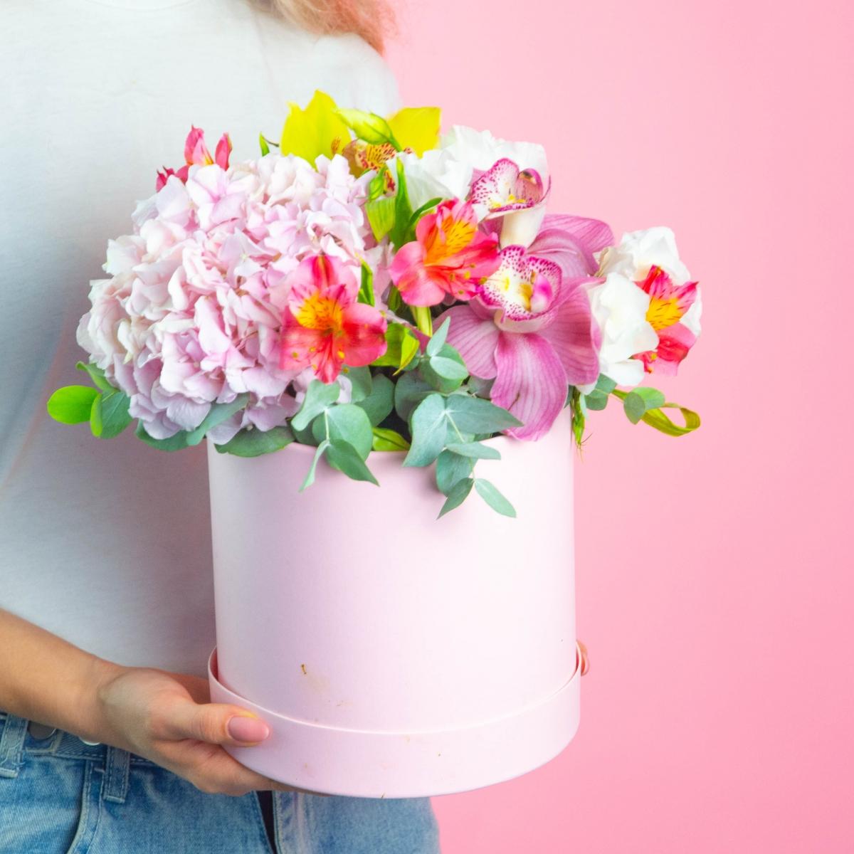 Коробка цветов с гортензией для мамы
