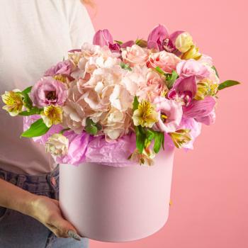 Коробка цветов с гортензией на день рождения