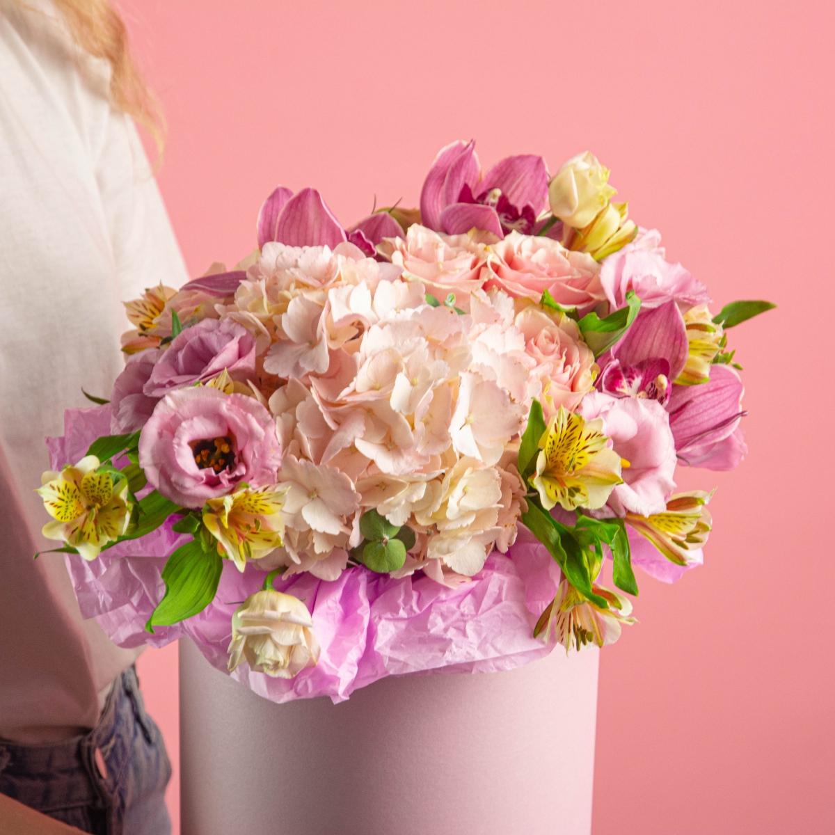 Коробка цветов с гортензией на день рождения