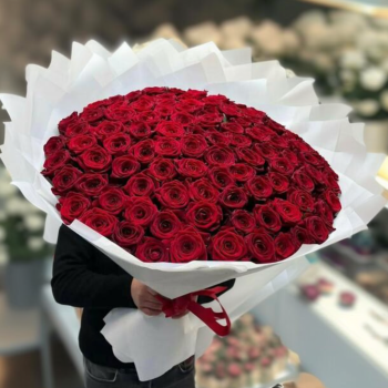151 красная роза в яркой упаковке