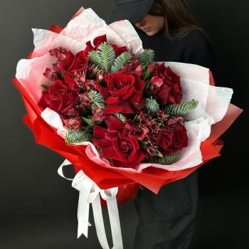 Букет с альстромерией, нобилисом и розами