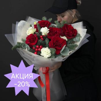 Букет с красными розами, нобилисом и лизиантусами