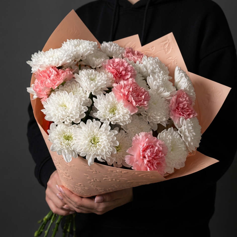 Букет с хризантемами и розовыми гвоздиками