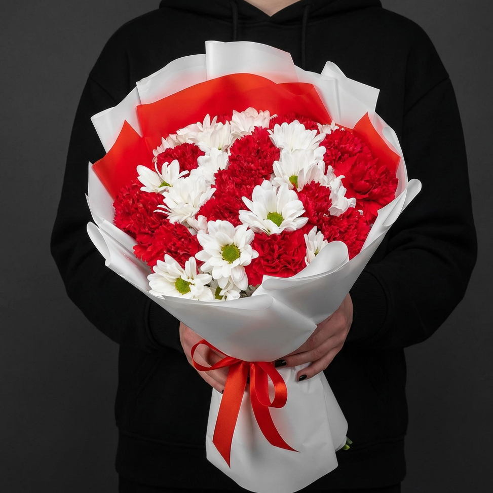 Красные гвоздики с белыми хризантемами