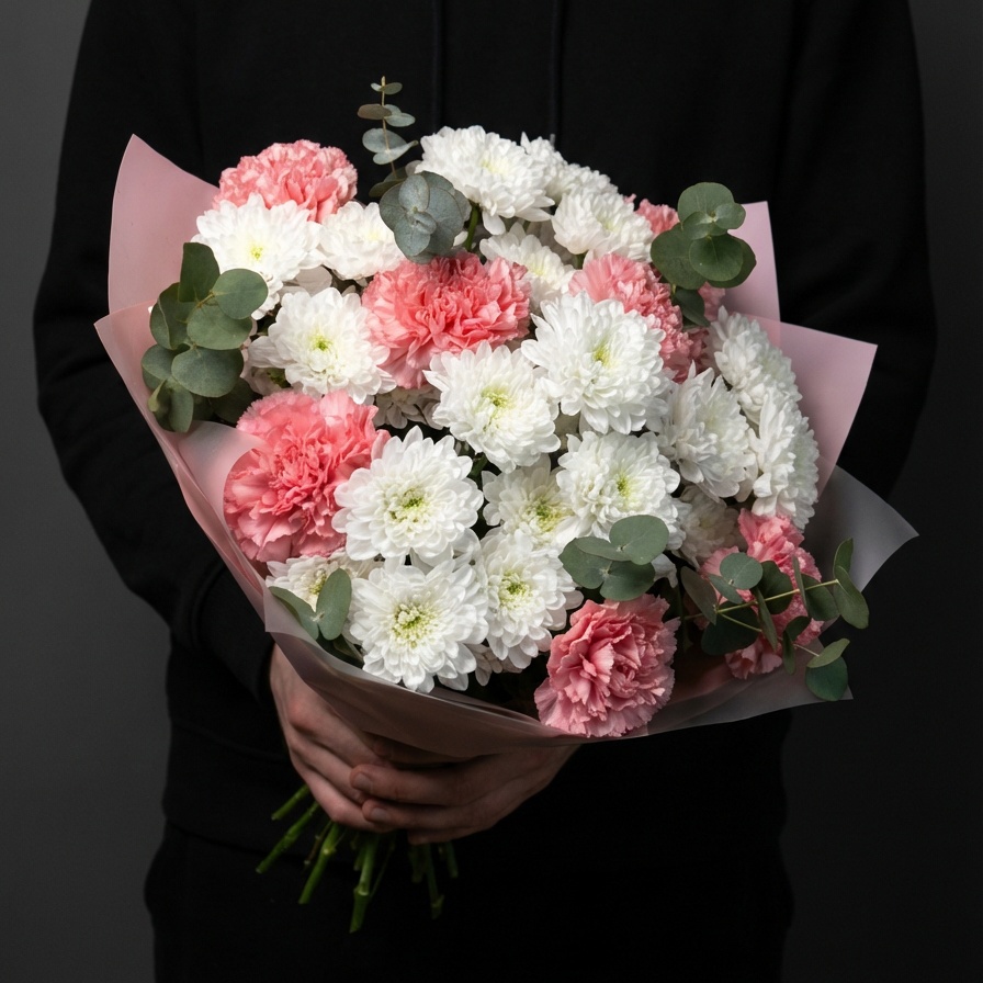 Гвоздики с хризантемами и эвкалиптом