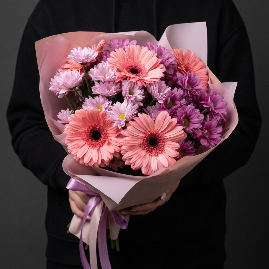 5 гербер с хризантемами