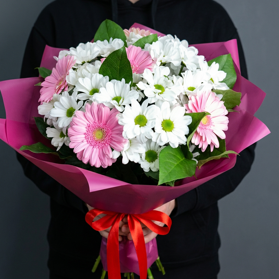 Розовые герберы с хризантемами