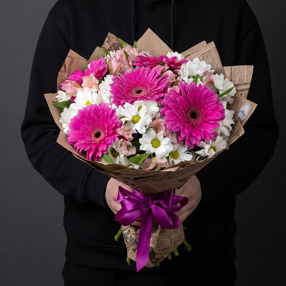 Герберы с хризантемами и альстромериями