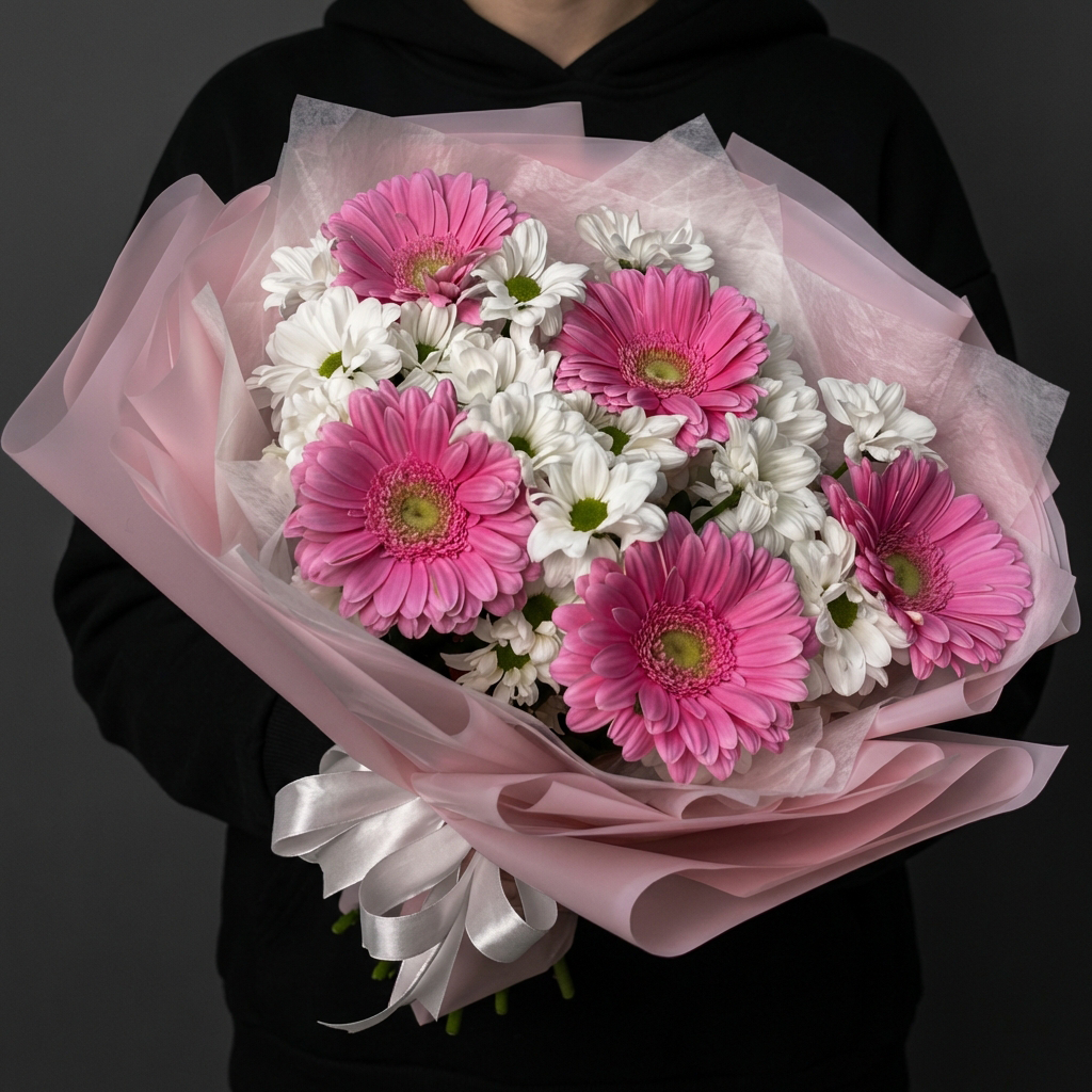 5 гербер с кустовыми хризантемами