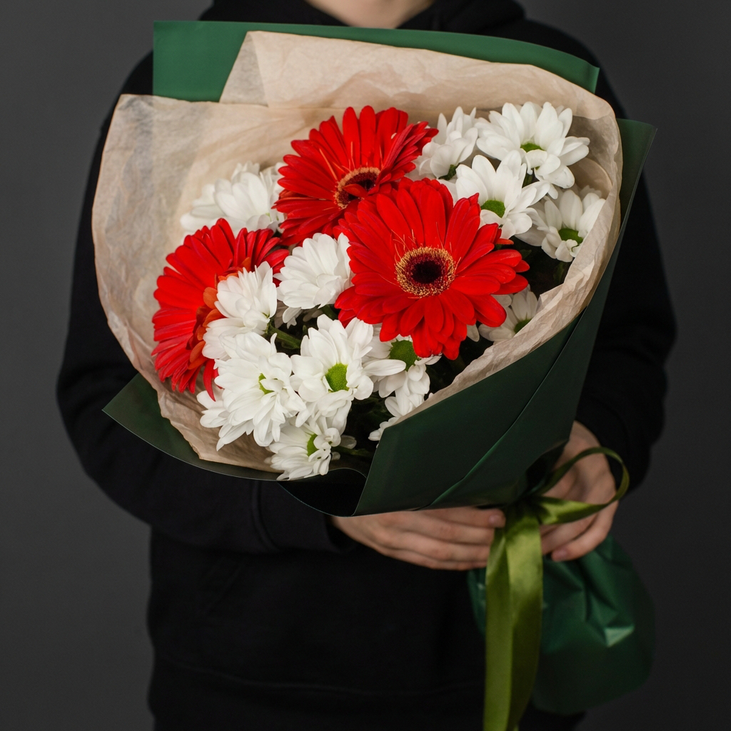 3 красные герберы с хризантемами