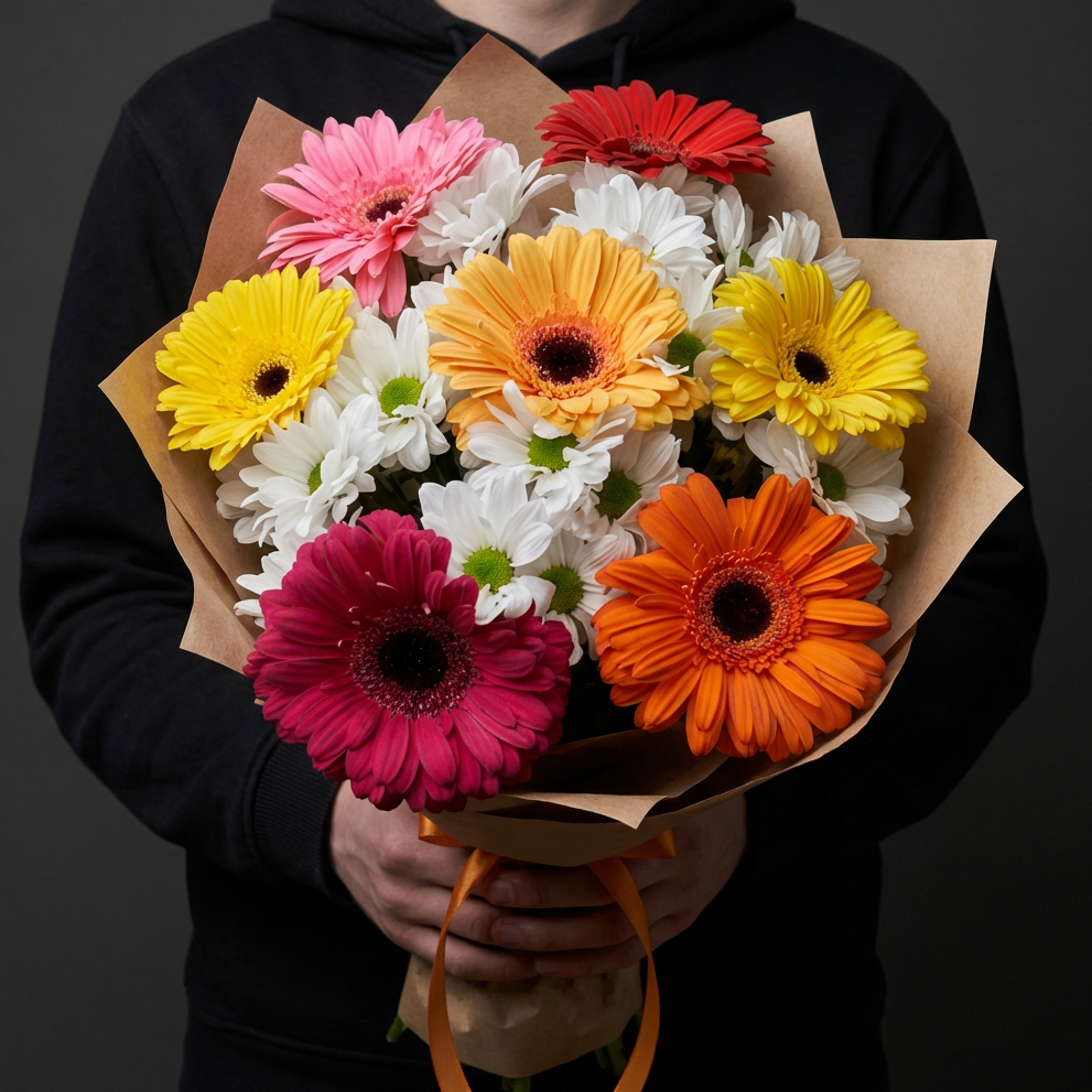 Разноцветные герберы с хризантемами