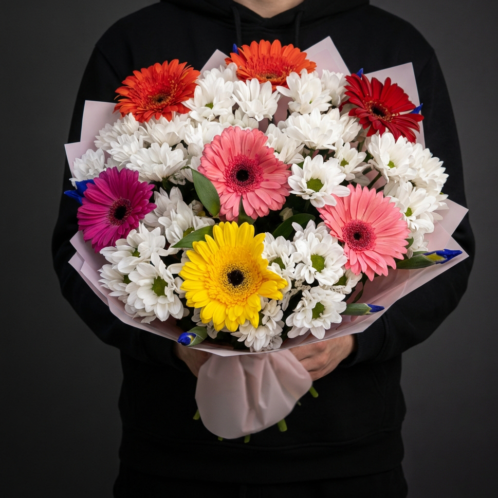 7 гербер с белыми хризантемами