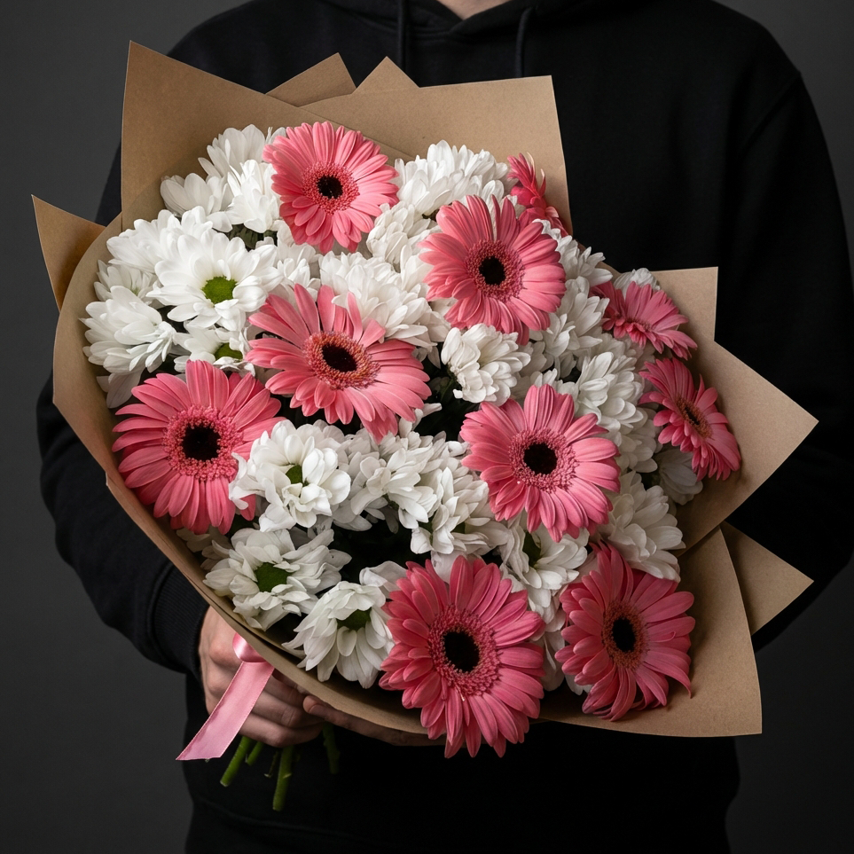 Розовые герберы с кустовыми хризантемами