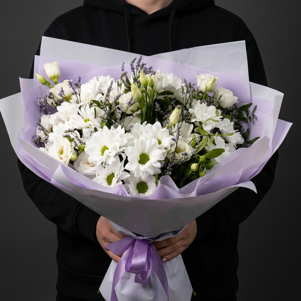 Хризантемы с эустомами и лавандой