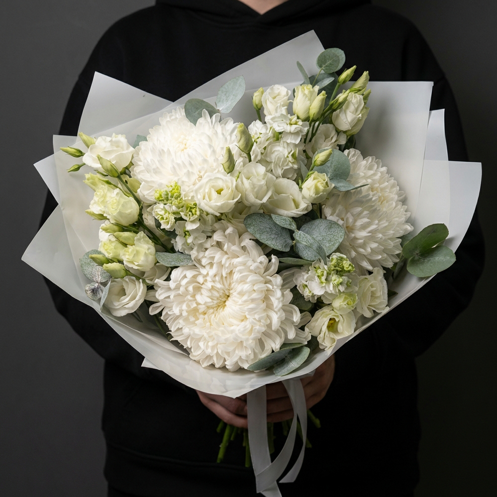 Одноголовые хризантемы с эустомами