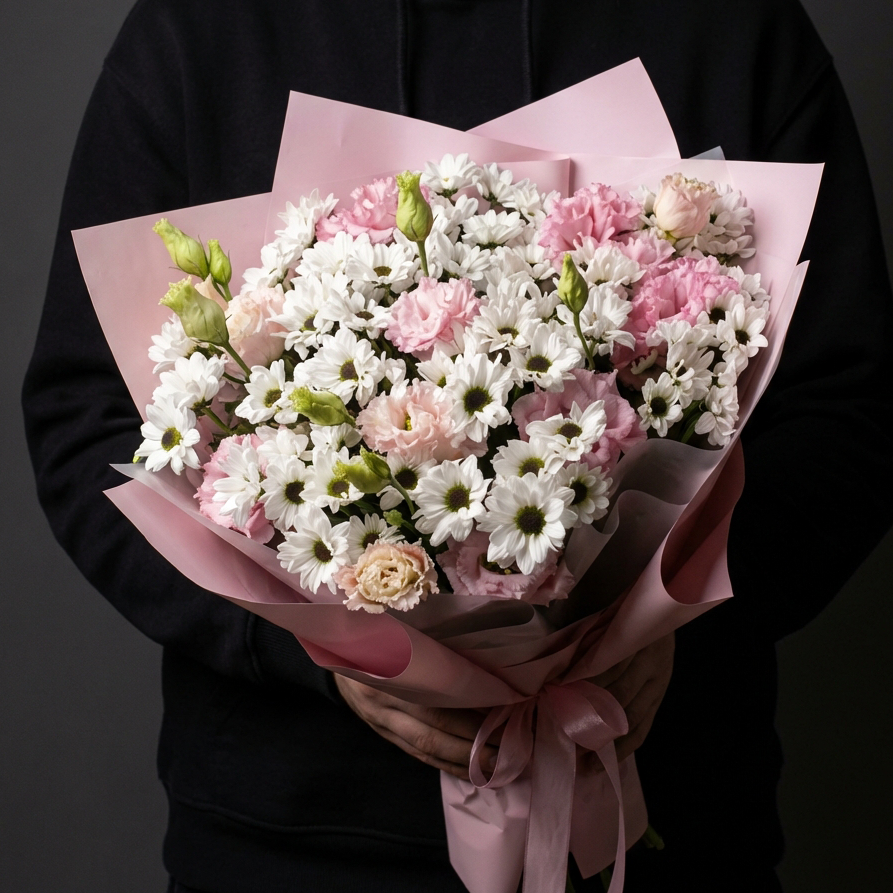 Розовые эустомы с кустовыми хризантемами