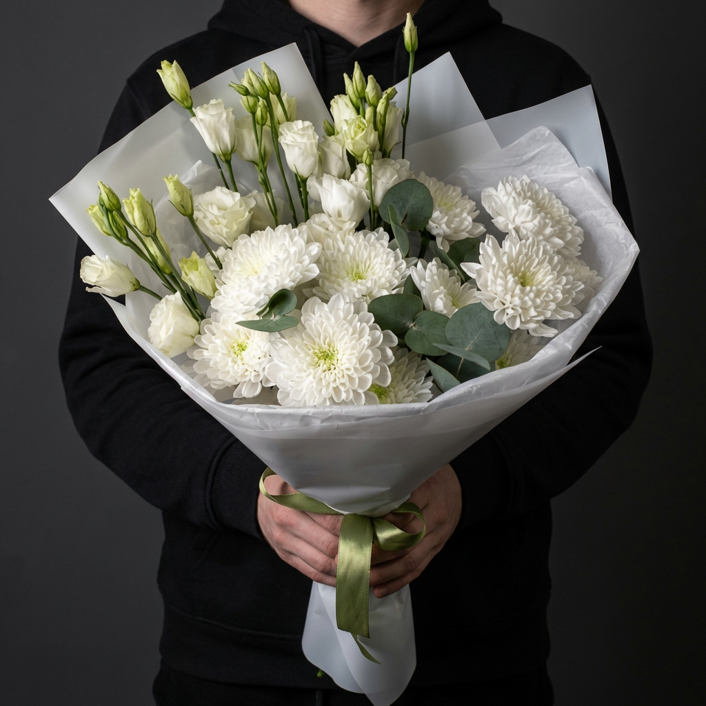 Белые эустомы и хризантемы