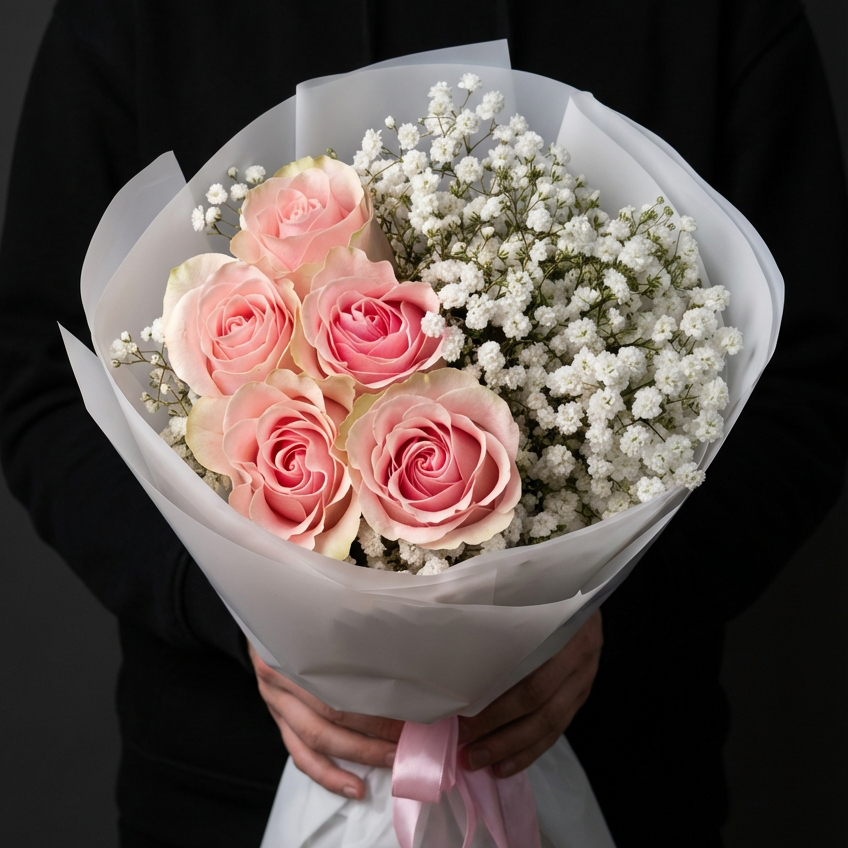 5 розовых роз с гипсофилой