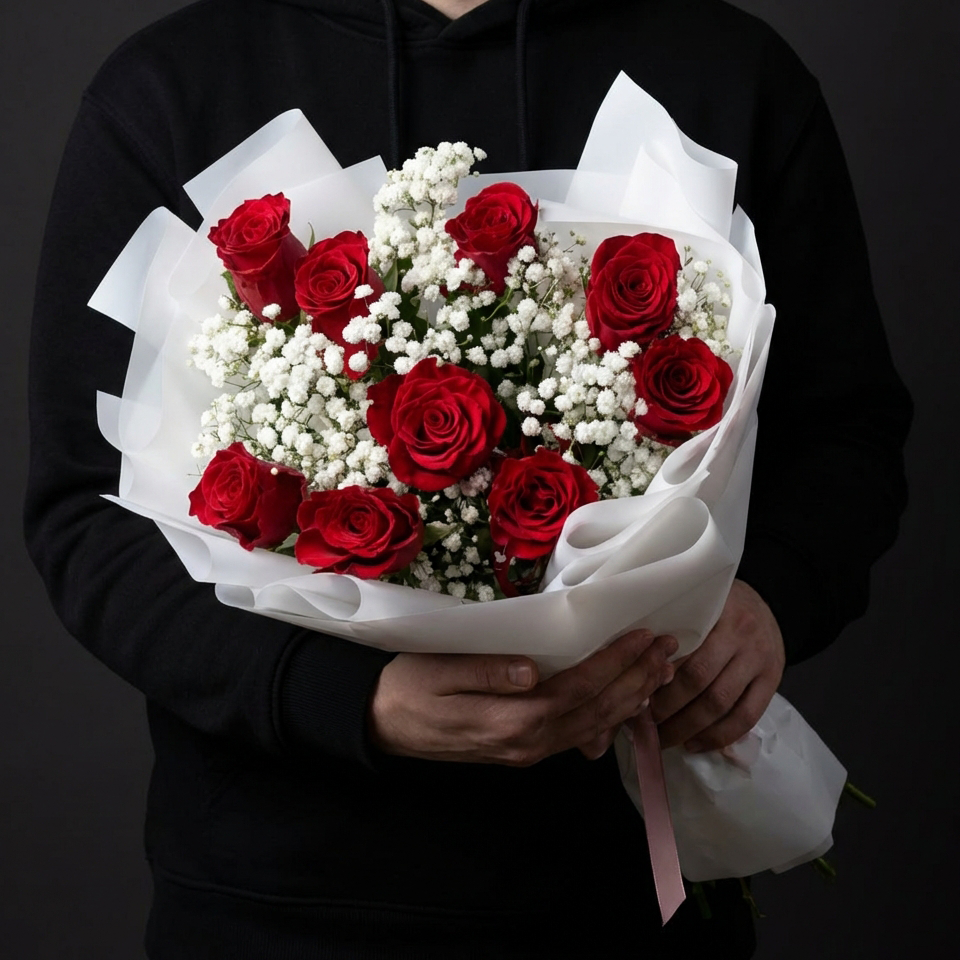 Красные розы с гипсофилами