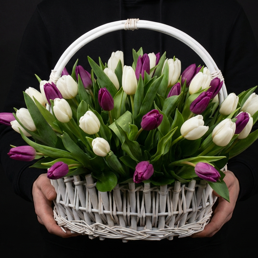 Корзина с сиреневыми и белыми тюльпанами