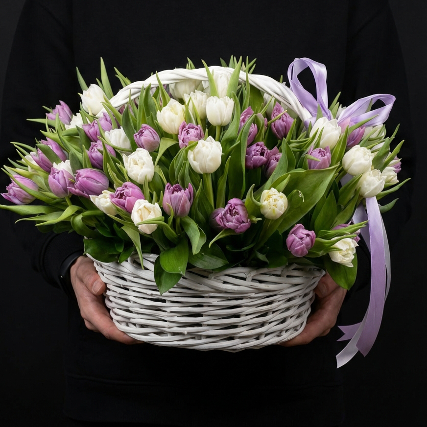 45 тюльпанов в корзине