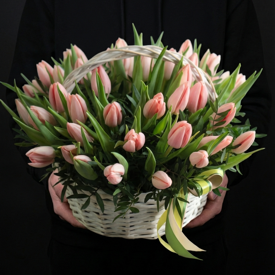 33 розовых тюльпана в корзине