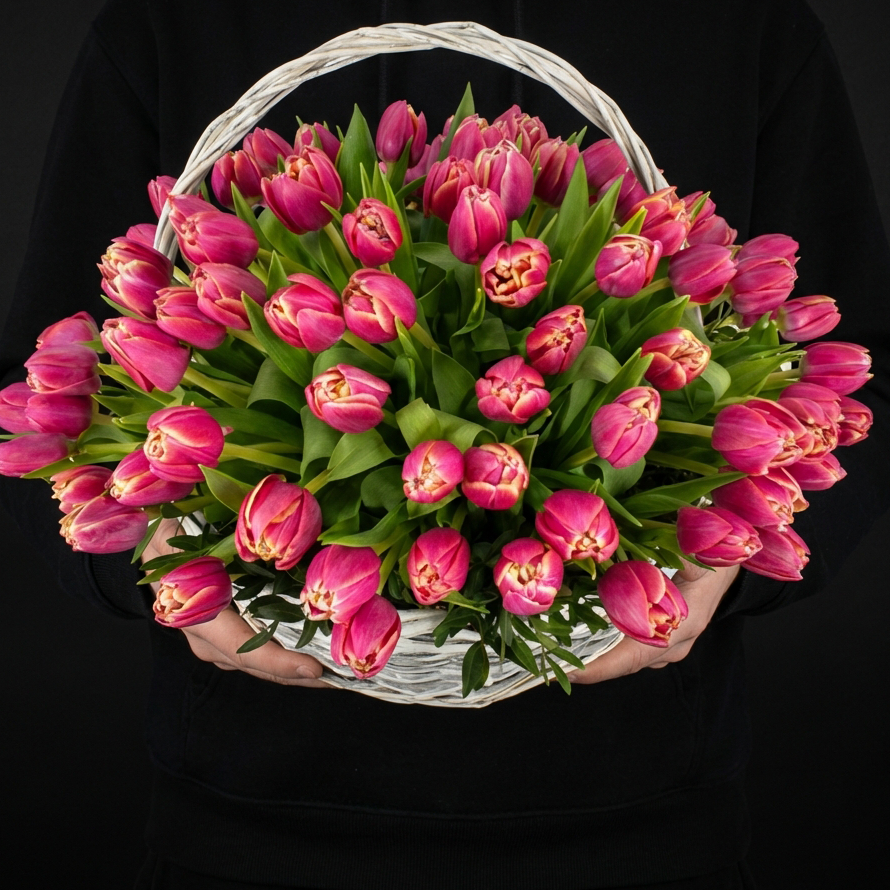 55 розовых тюльпанов в корзине