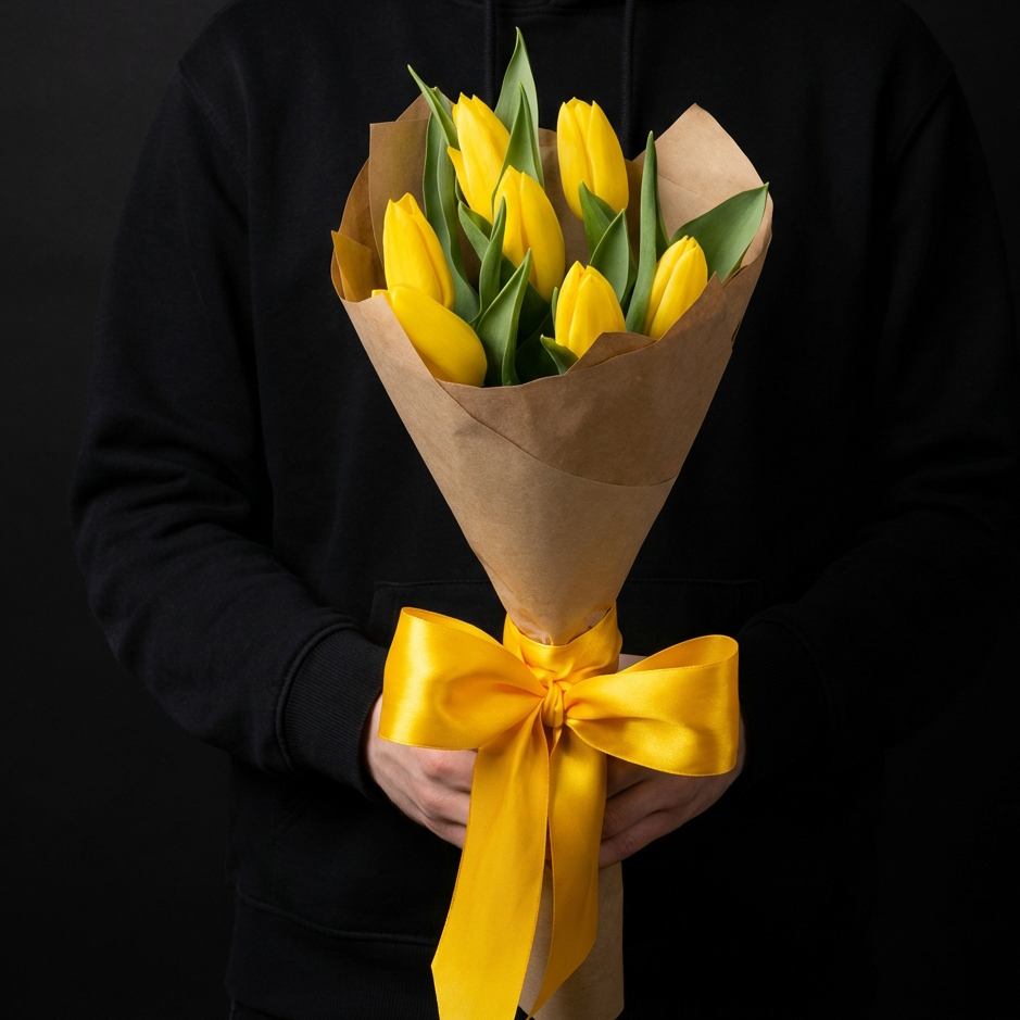 7 желтых тюльпанов в крафте