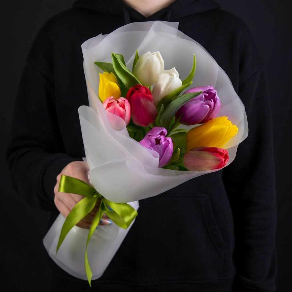 9 разноцветных тюльпанов