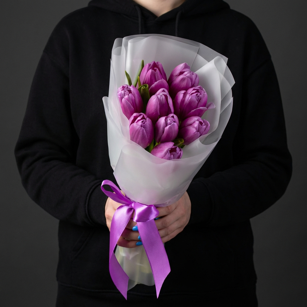 9 фиолетовых тюльпанов в белой упаковке