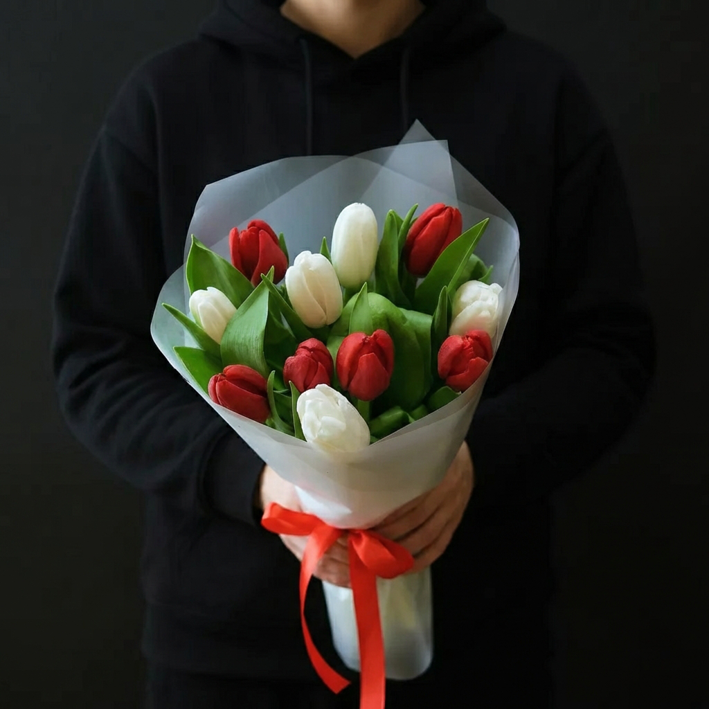 11 разноцветных тюльпанов