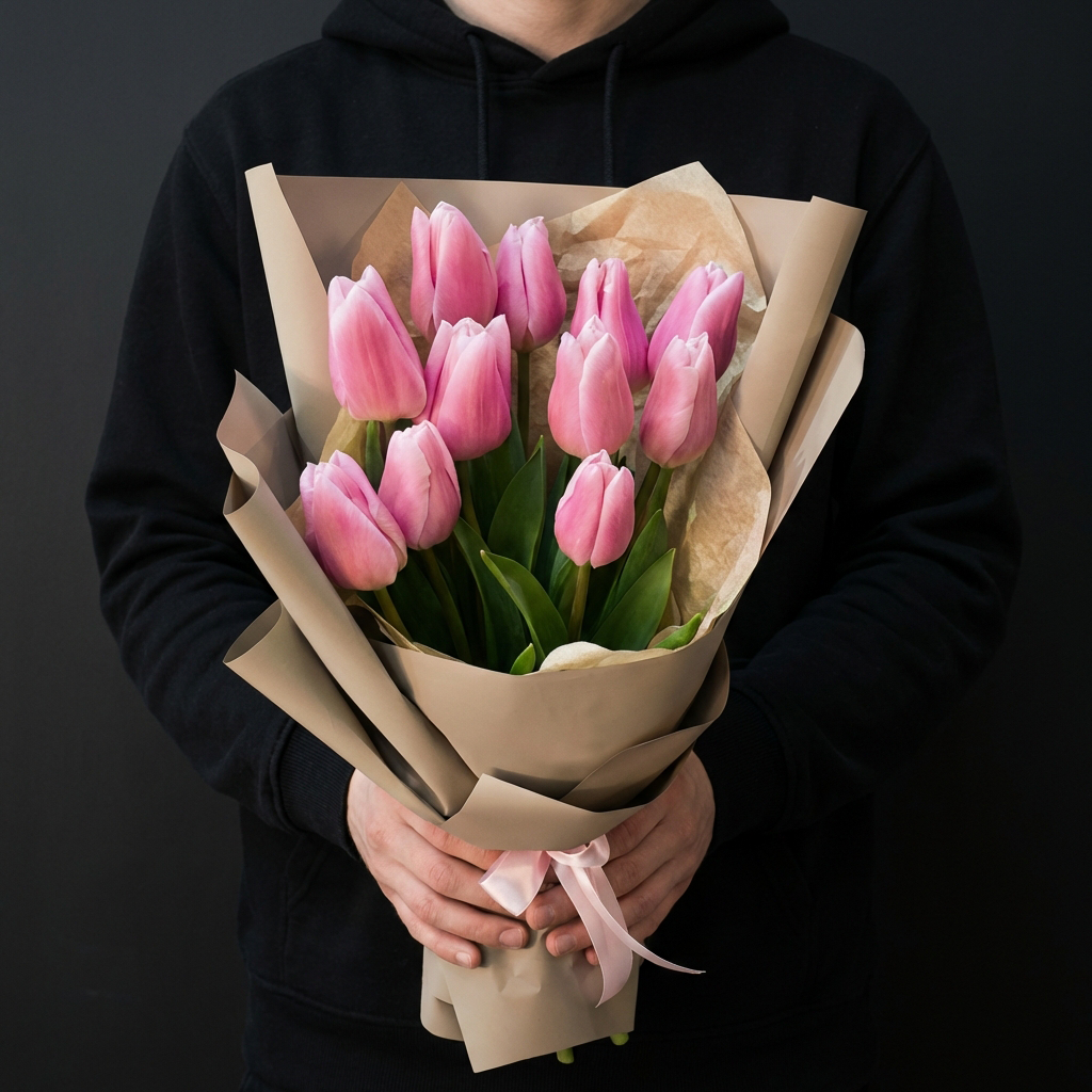 11 розовых тюльпанов в крафте