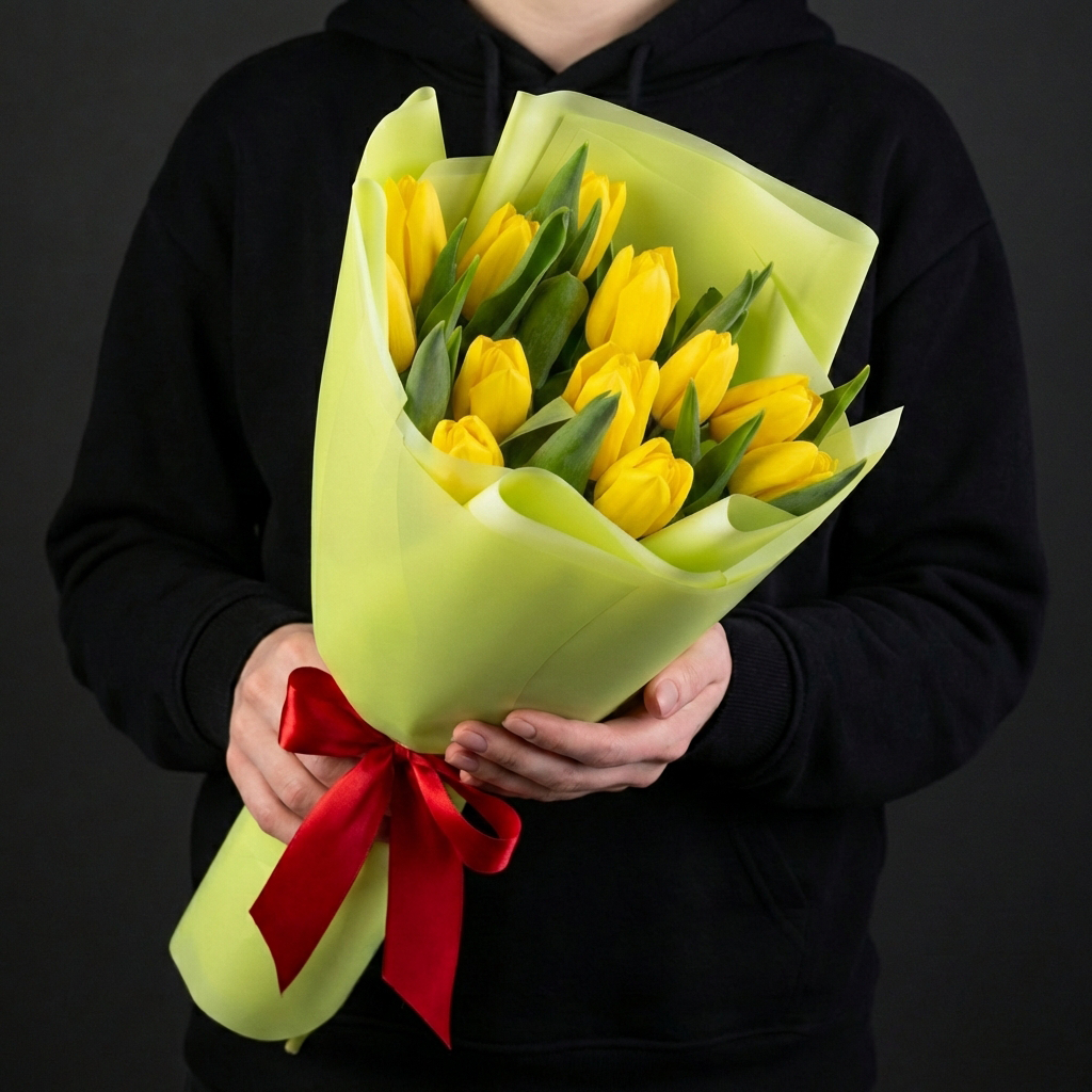 11 жёлтых тюльпанов в фисташковой упаковке
