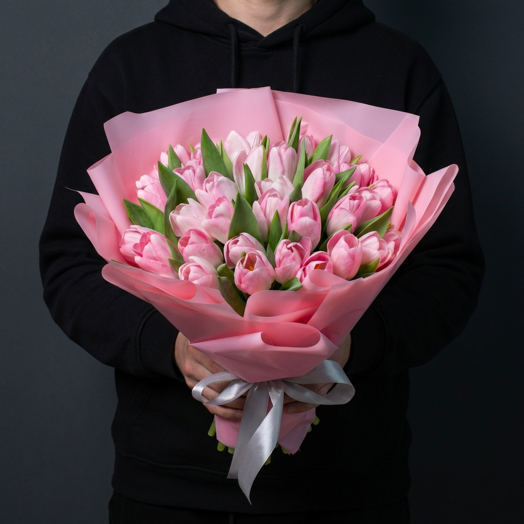 35 розовых тюльпанов в яркой упаковке