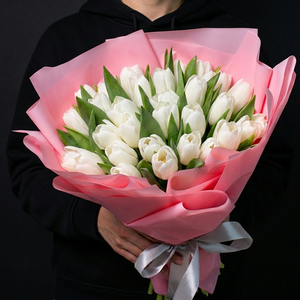 35 белых тюльпанов в розовой упаковке