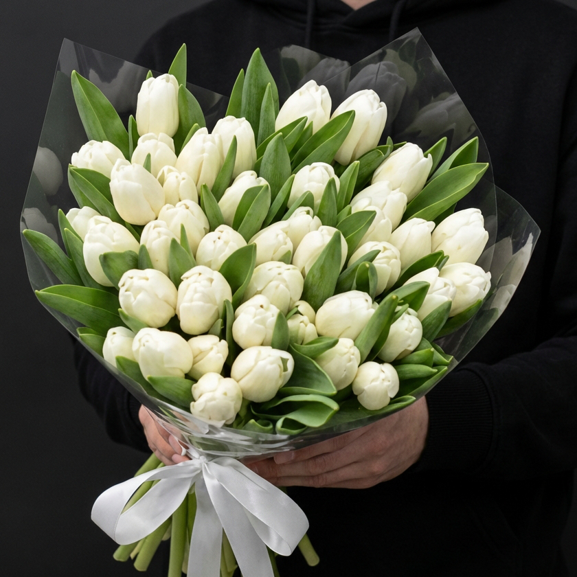 35 белых тюльпанов в прозрачной упаковке