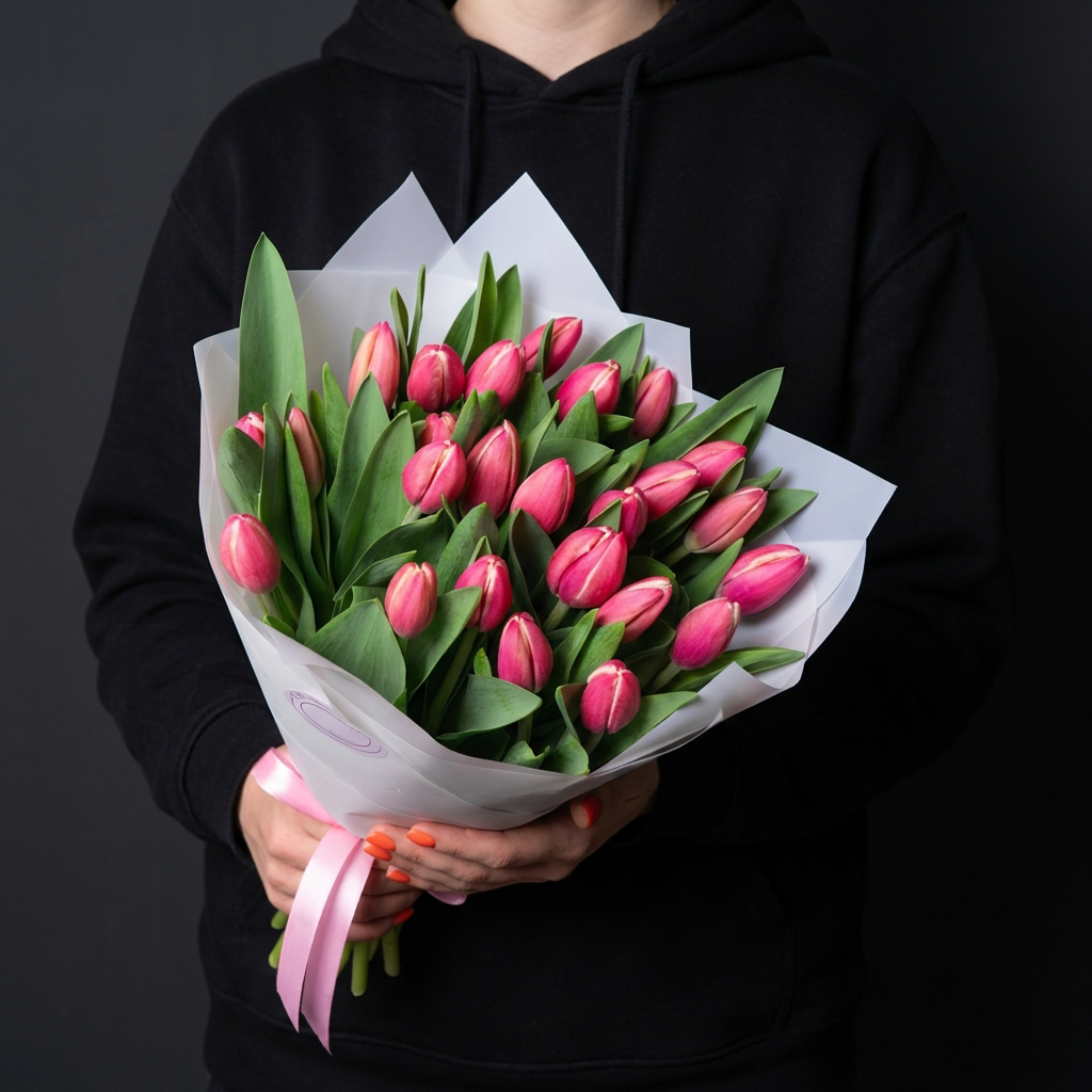 35 розовых тюльпанов в голубой упаковке