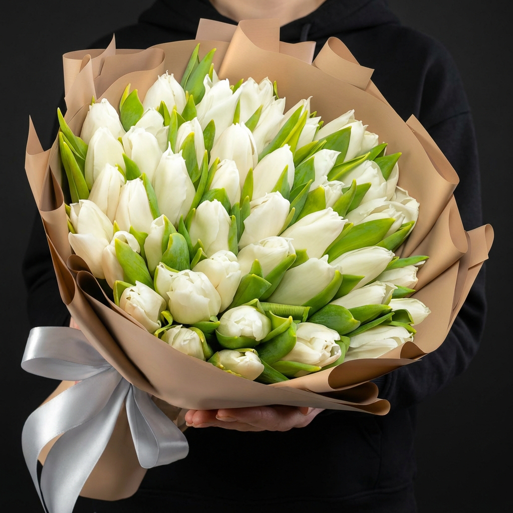 45 белых тюльпанов в крафте