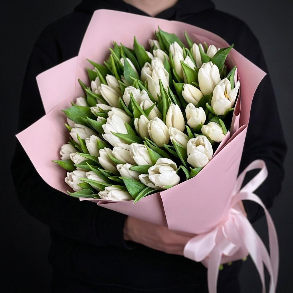 45 белых тюльпанов в розовой упаковке