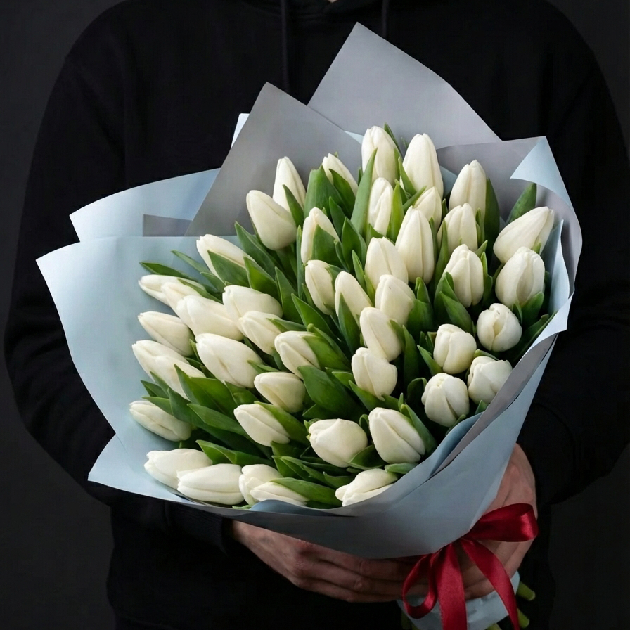 45 белых тюльпанов в яркой упаковке