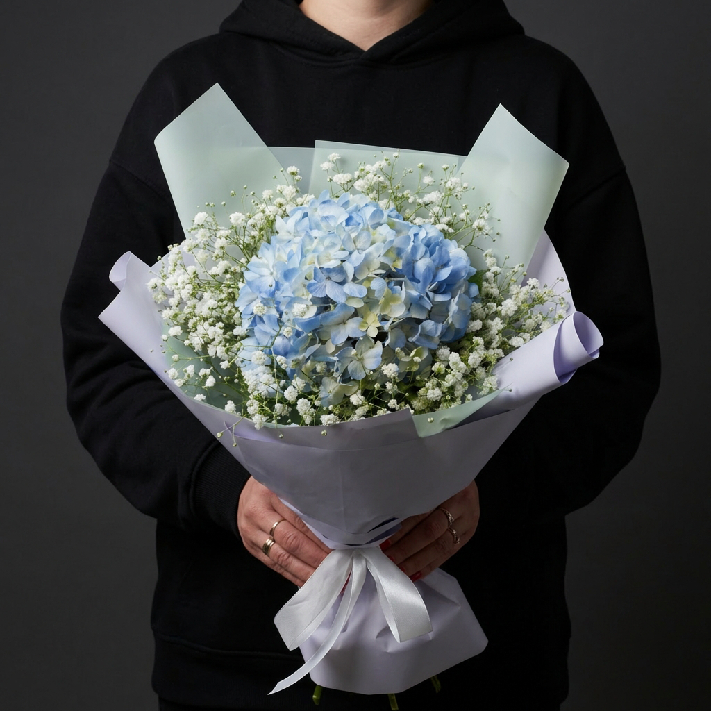 Голубая гортензия с гипсофилой