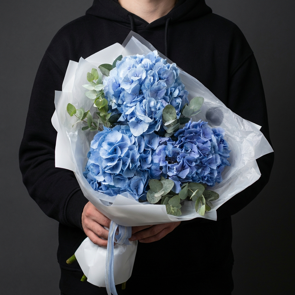 3 голубых гортензии с эвкалиптом