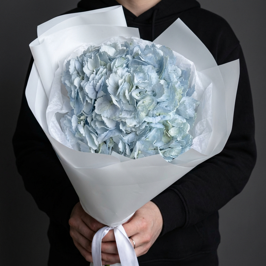 Голубая гортензия в белой упаковке