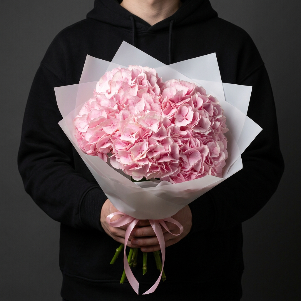 Розовые гортензии в белой упаковке