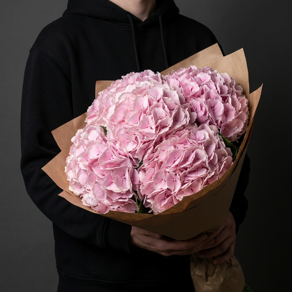 5 розовых гортензий в крафте