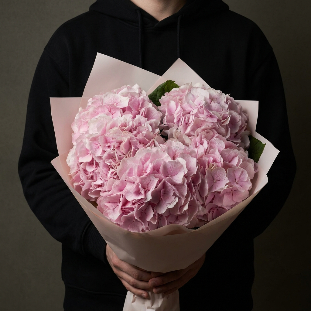 Букет гортензий в бежевой упаковке